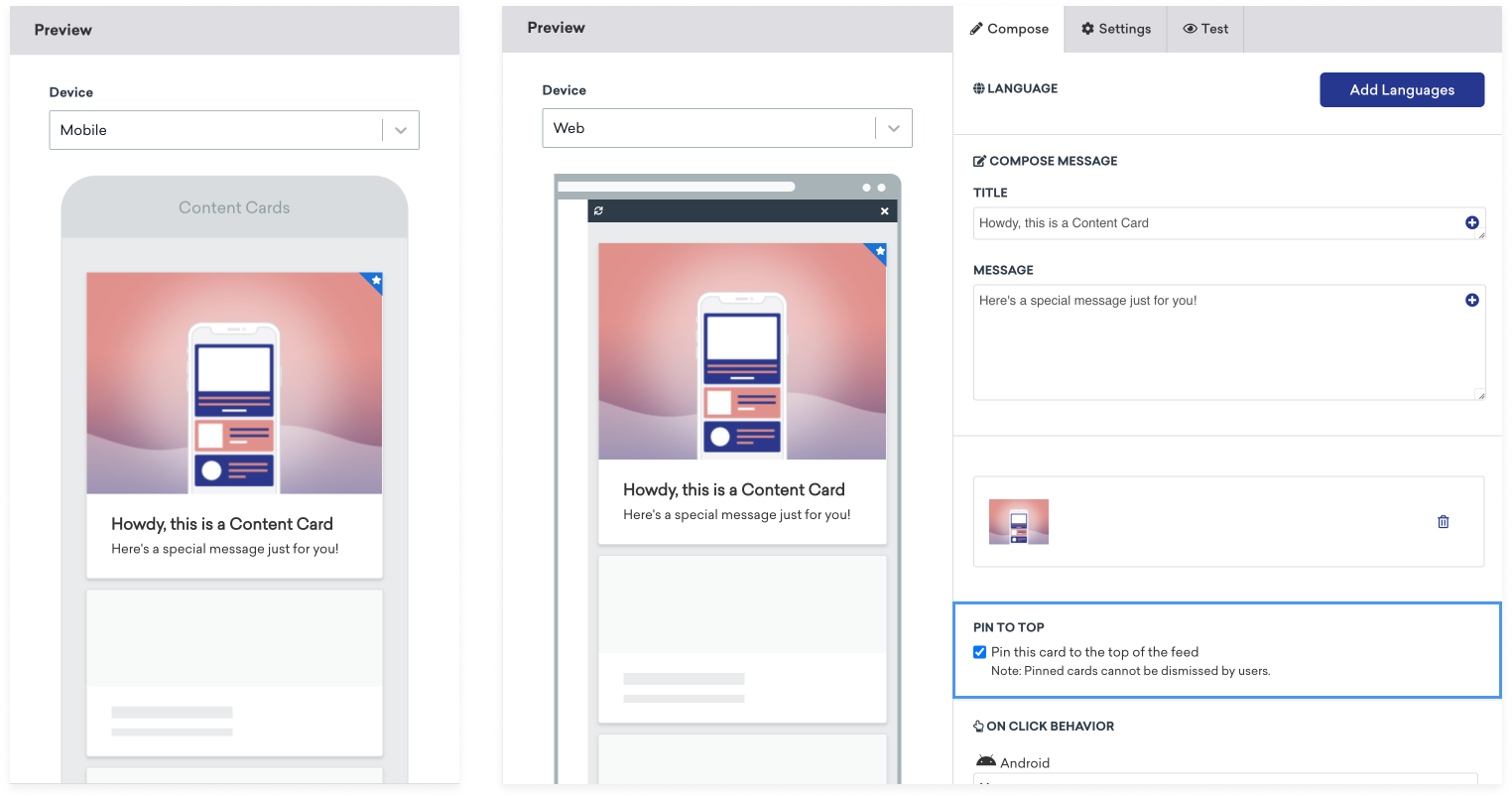 모바일 및 웹용 Braze의 콘텐츠 카드 미리보기 나란히, "이 카드를 피드 상단에 고정" 옵션이 선택되었습니다.