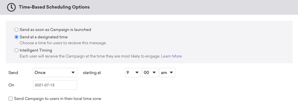 '지정된 시간에 보내기' 옵션을 선택한 캠페인은 2021년 7월 13일 오전 9시부터 한 번만 보내도록 설정되어 있습니다.
